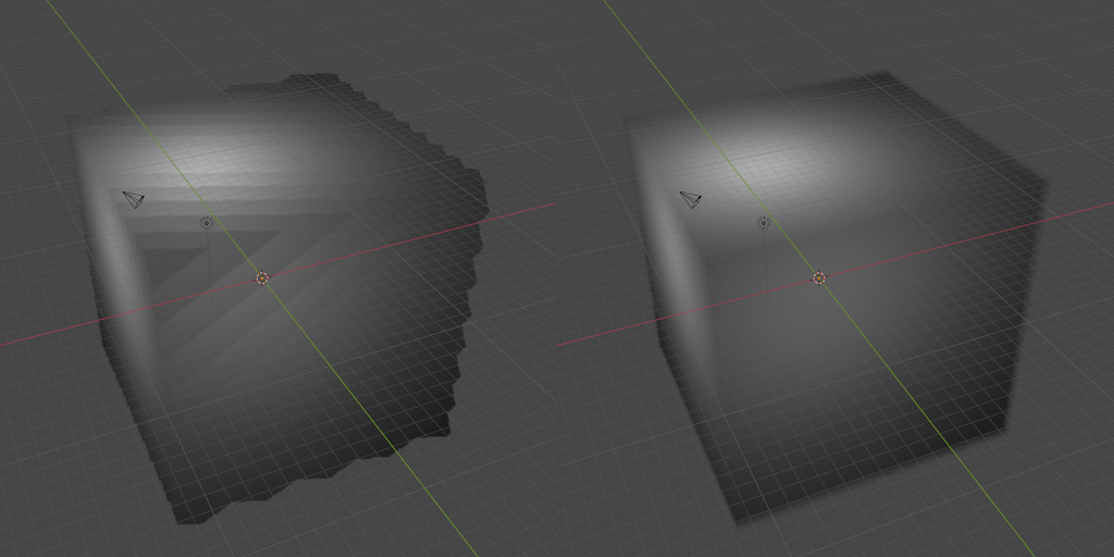 Comparing a finished Eevee render of a fog cube to an in-progress render. The in-progress render shows the cube is sliced by Eevee along the camera's Z axis.