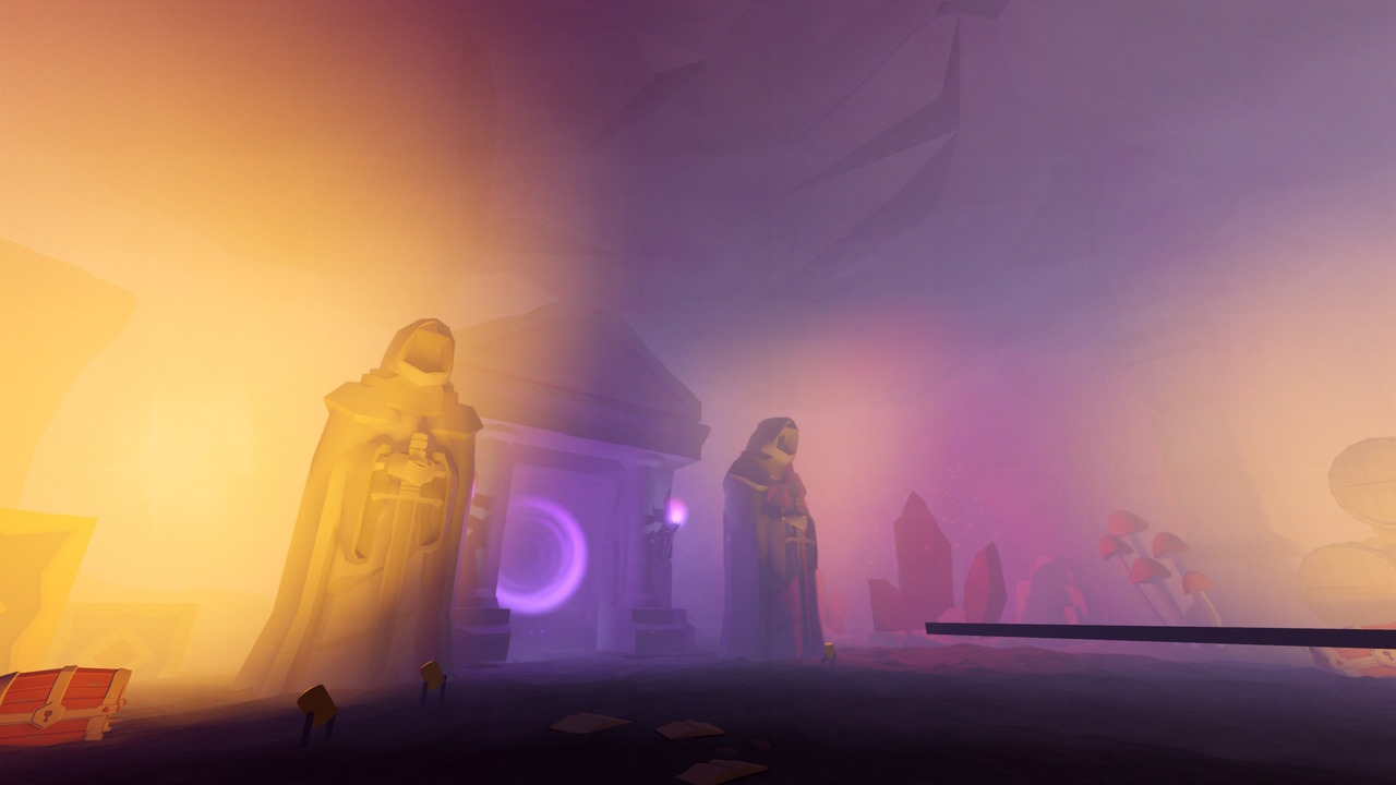 The Mansion of Wonder statues lit up with volumetric fog.
