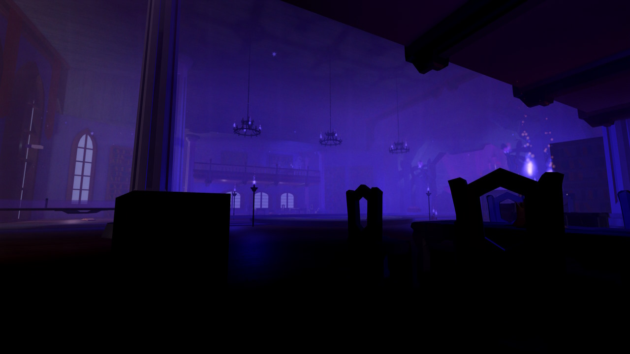 A deep purple fog in the background of a room in the Mansion of Wonder.