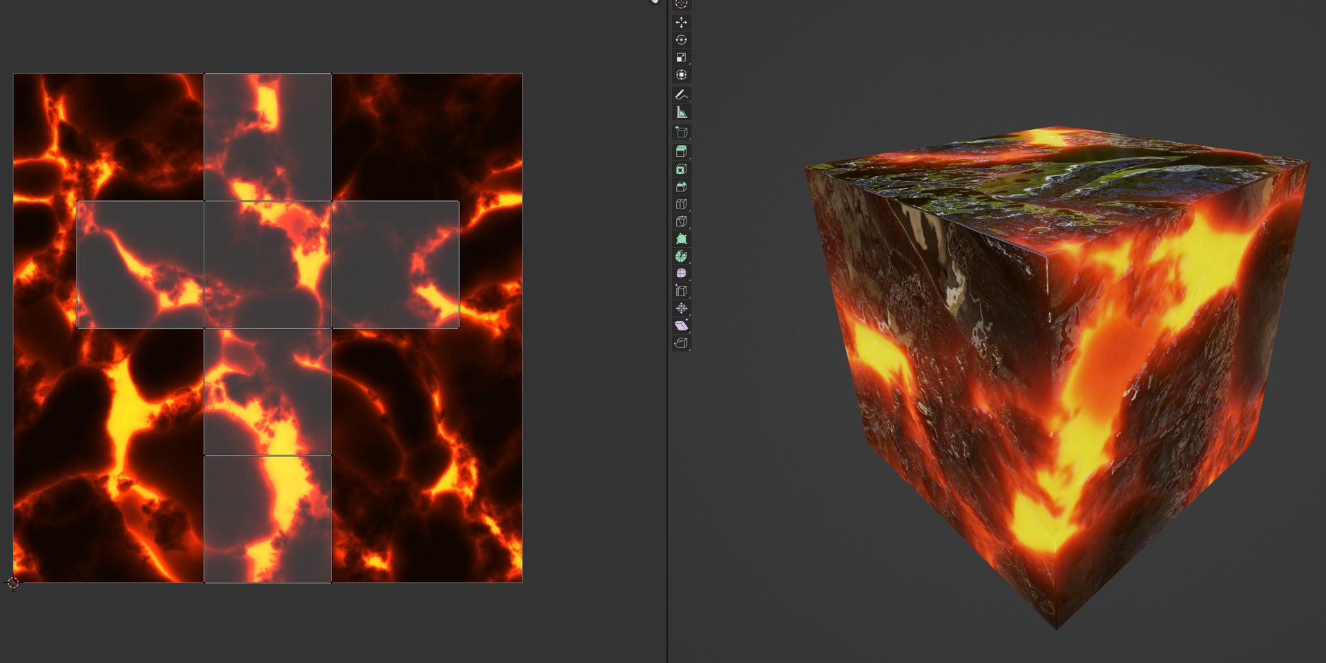 A cube with a lava texture. The cube has a standard UV unwrap within the bounds of the texture.