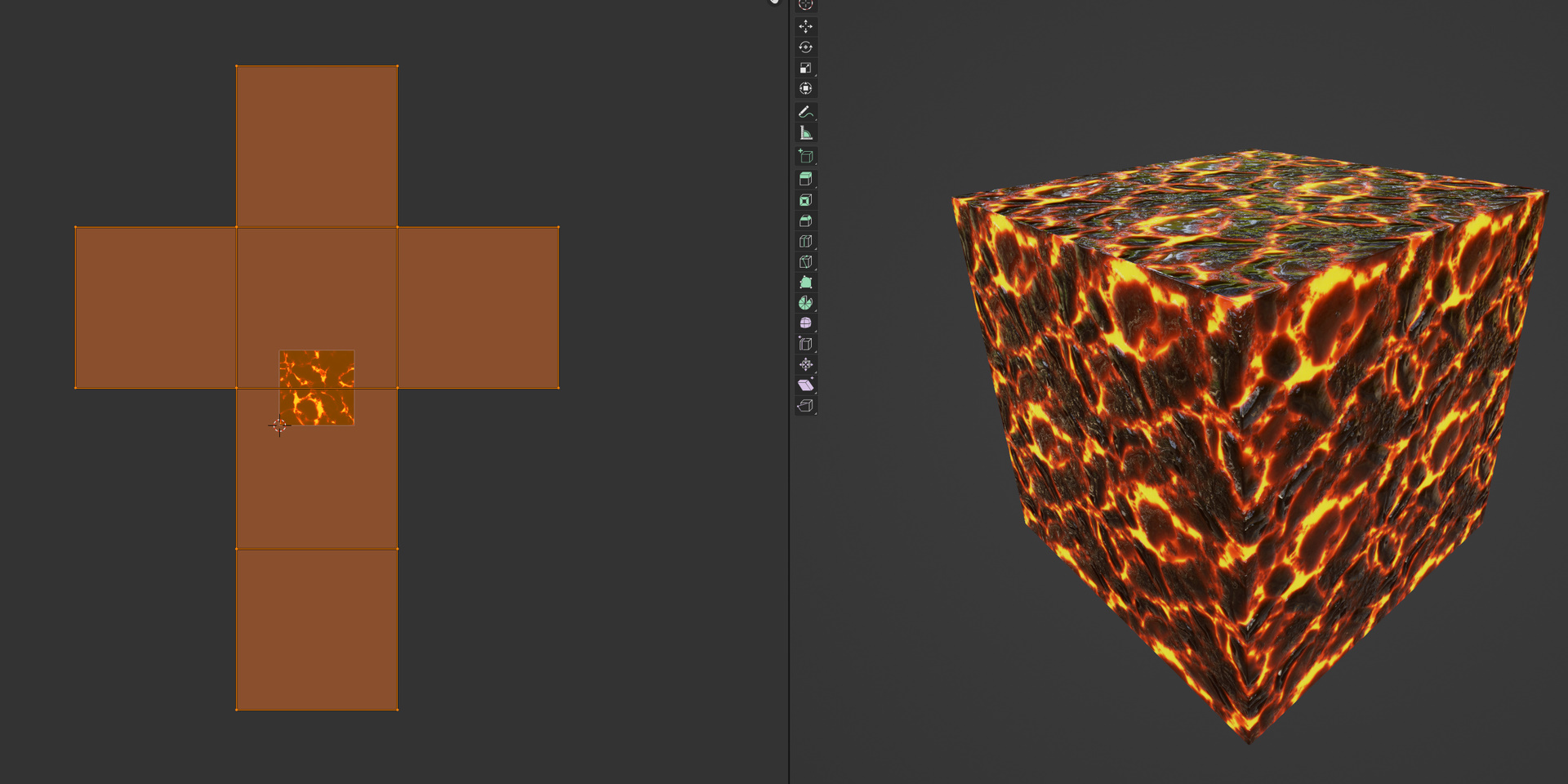 The same cube but the lava texture has shrunk and is now tiling across the surface. The UVs have been scaled beyond the bounds of the UV area.